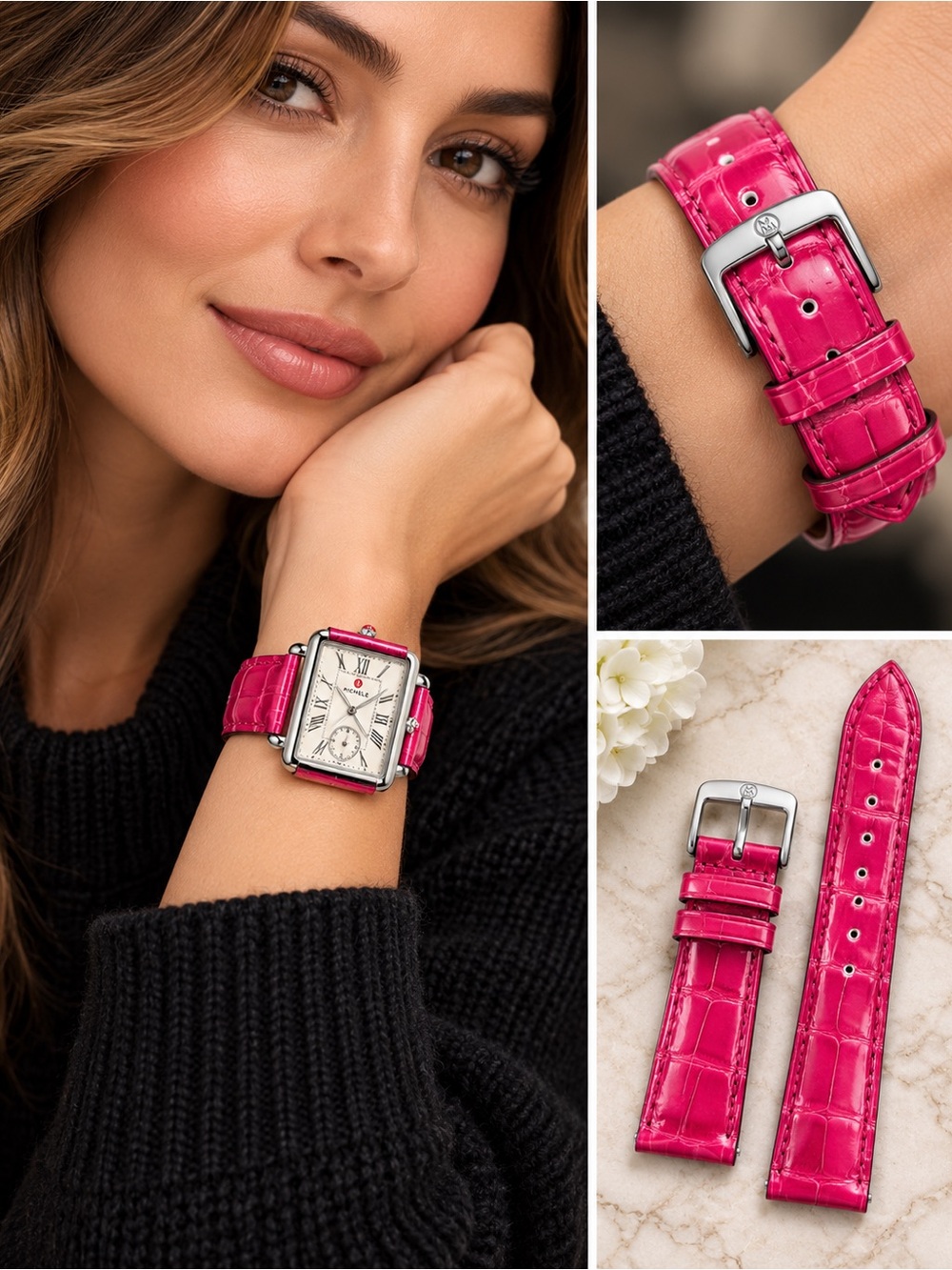 MICHELE 20mm Pink Alligator Embossed Genuine Leather Watch Band Strap France
